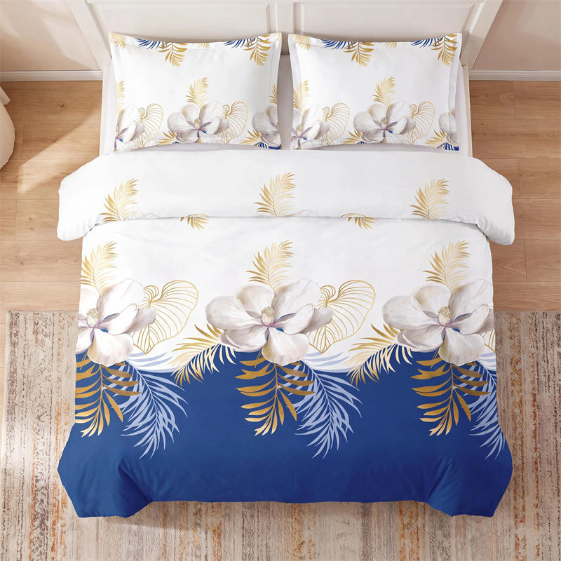 3 Piece Duvet Cover Set, US Designer Navy Blue And Gold Tropical Floral Botanical Print High GSM Heavyweight Comforter Cover With Zipper & Corner Ties, Pet-Friendly Microfiber Bedding