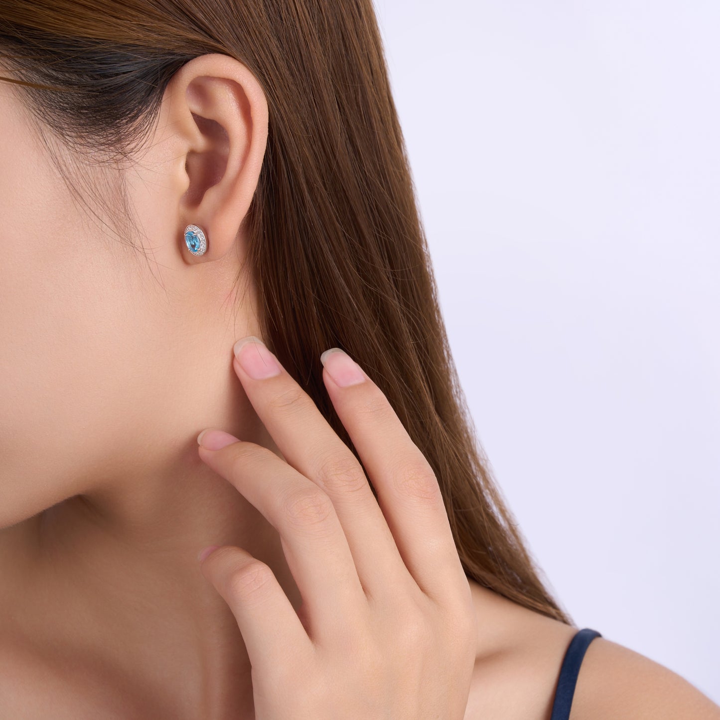 1.65g S925 Sterling Silver Halo Stud Earrings For Women  Oval Cut Blue Topaz & Moissanite, Platinum Plated Jewelry Gift Box Set