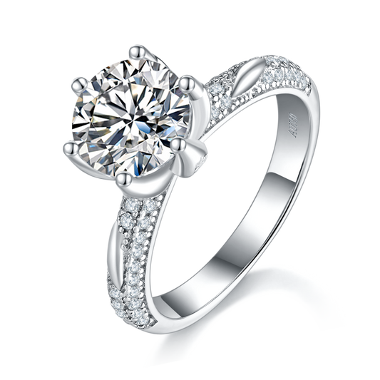 S925 Sterling Silver 2ct Round Moissanite Ring, 8mm D-VVS1 6-Prong Pave Band, Platinum Plated US Sizes 5-9, GRA Certificate Gift Box