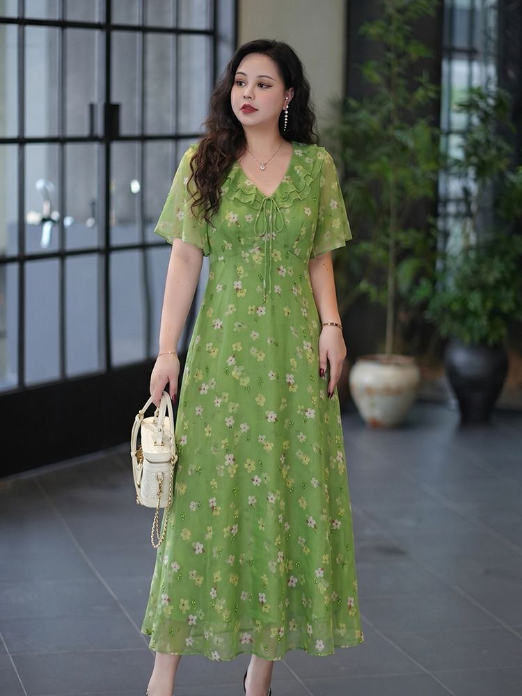 Women's Green Floral Fashion Casual Dress