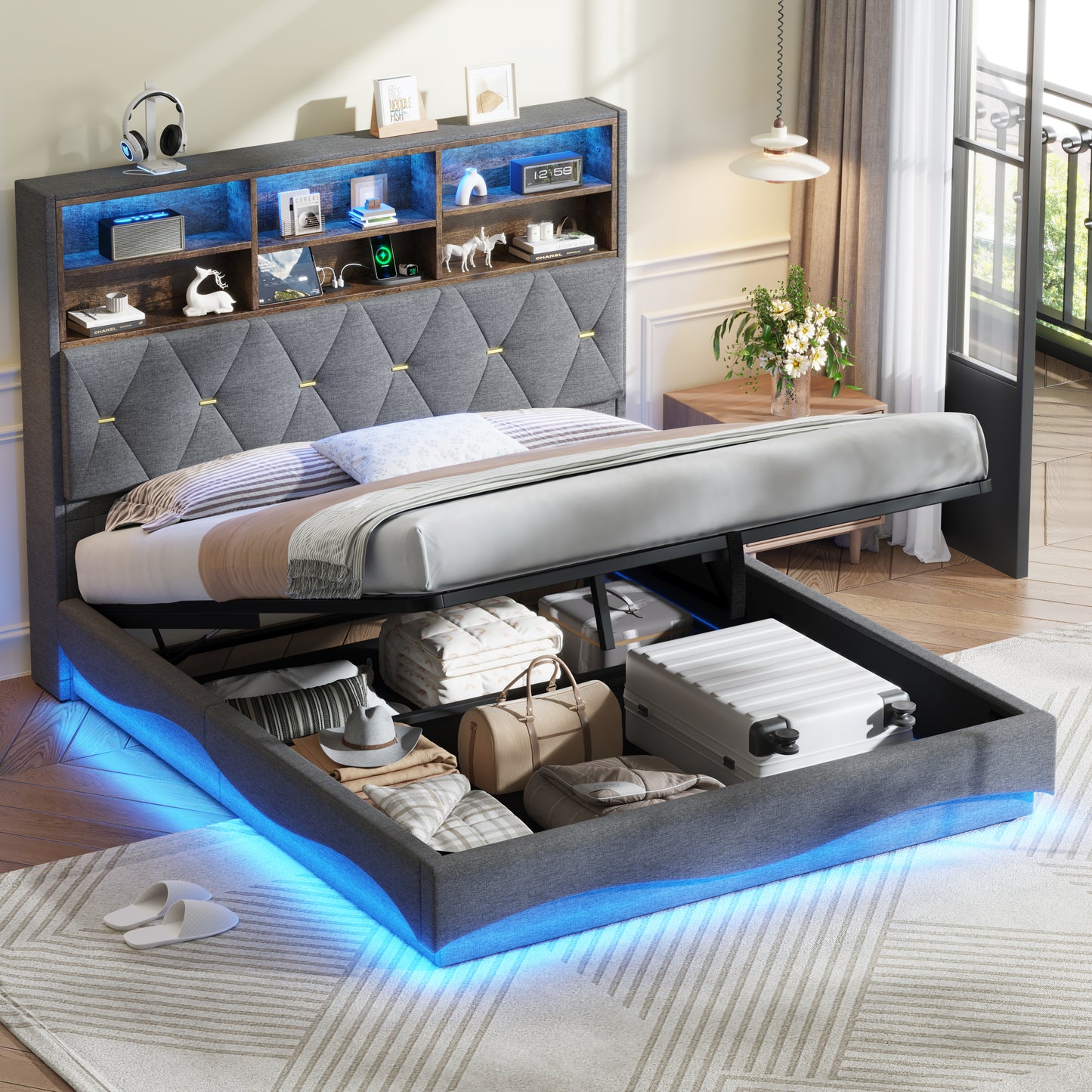 5ft King Upholstered Bed Frame With Hydraulic Storage, Wavy LED Heightened Headboard With Charging Station, USB And Type - C Ports, Linen, No Box Spring Needed, Grey  No Mattress