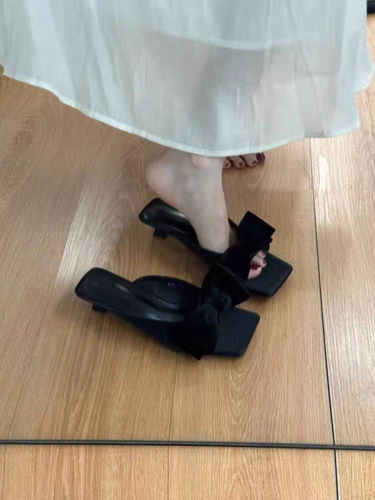 Women's French Bow Sweet Square Toe Slide Sandals, Summer Outdoor Wear Anti-Slip Thin Low Heel Mules, Match With Dresses