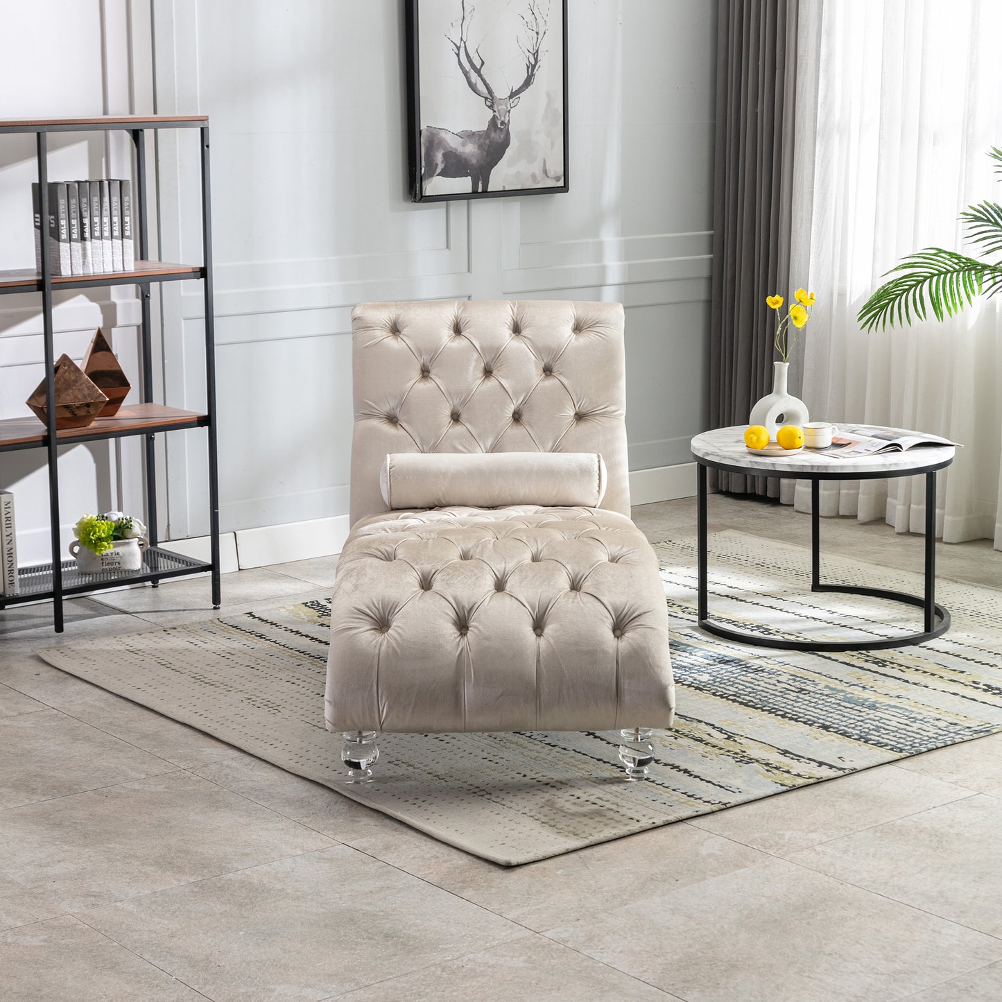 Velvet Chaise Lounge Indoor,Button-Tufted Upholstered Chaise Lounge Chair With Pillow For Bedroom Living Room Office  Beige Velvet