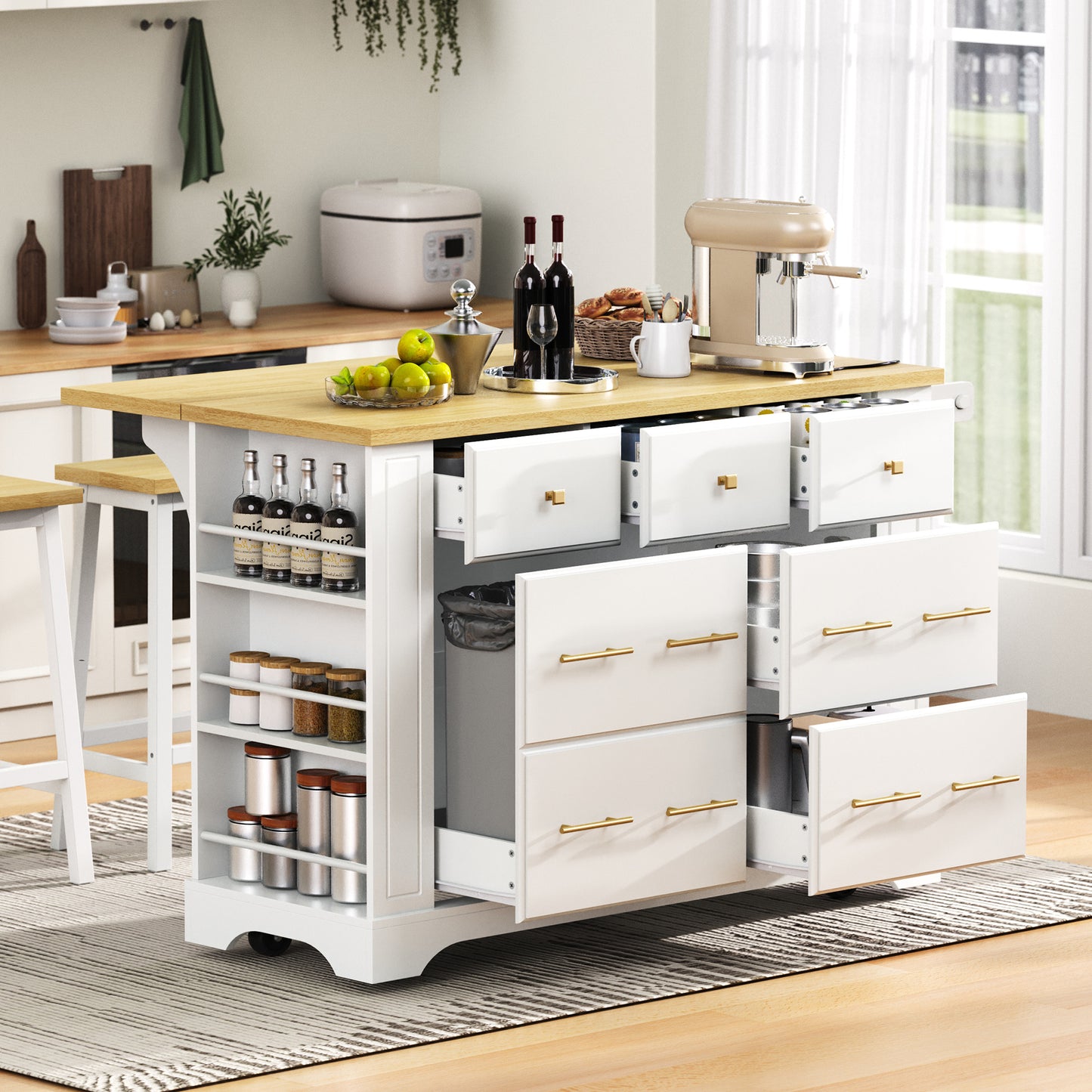 K&K Kitchen Island With 6 Drawers, Pull Out Trash Can Storage, Rolling Kitchen Island On 5 Wheels With Drop Leaf, Power Outlet, 5 Open Side Racks For Kitchen, Dining Room, White