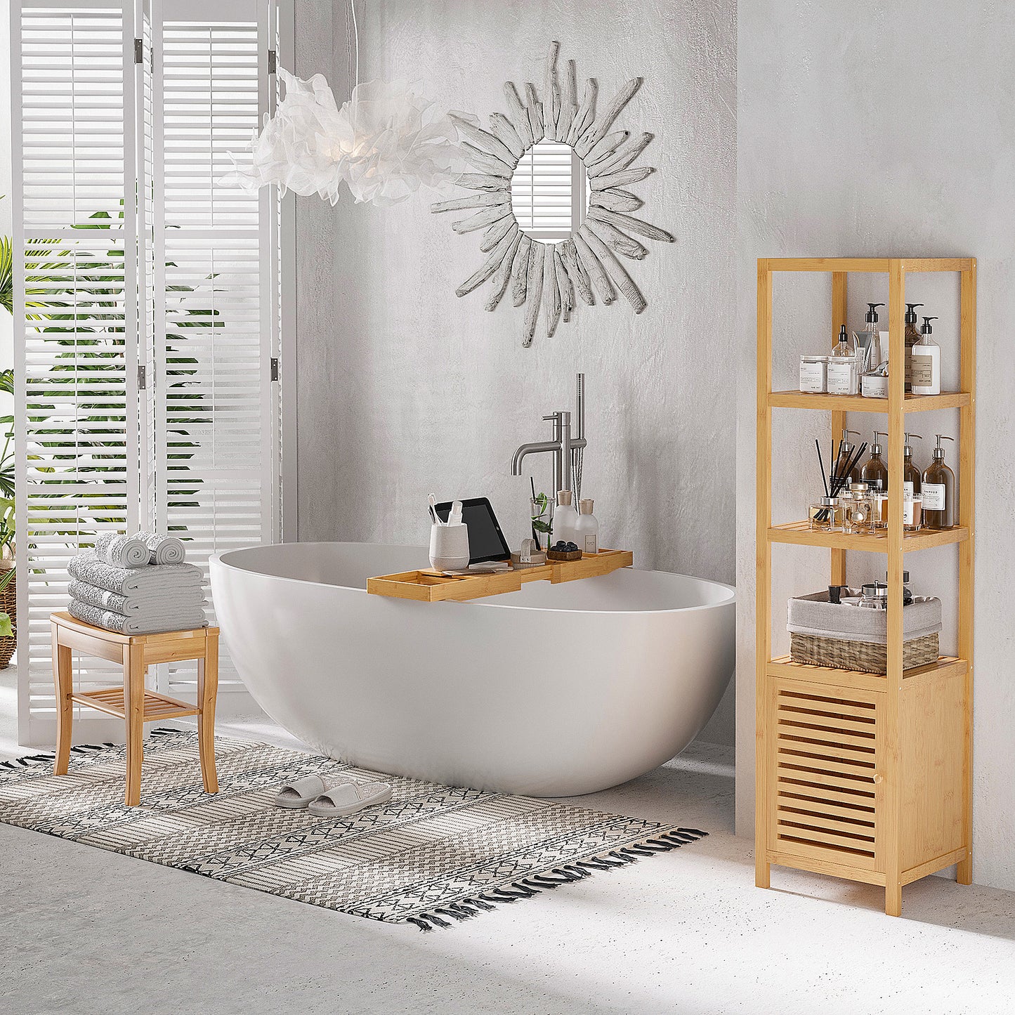 45cm 2-Tier Slatted Shower Bench Storage Seat W/ 4 Legs Comfortable Safe Bathroom Stool Spa Bath Organiser