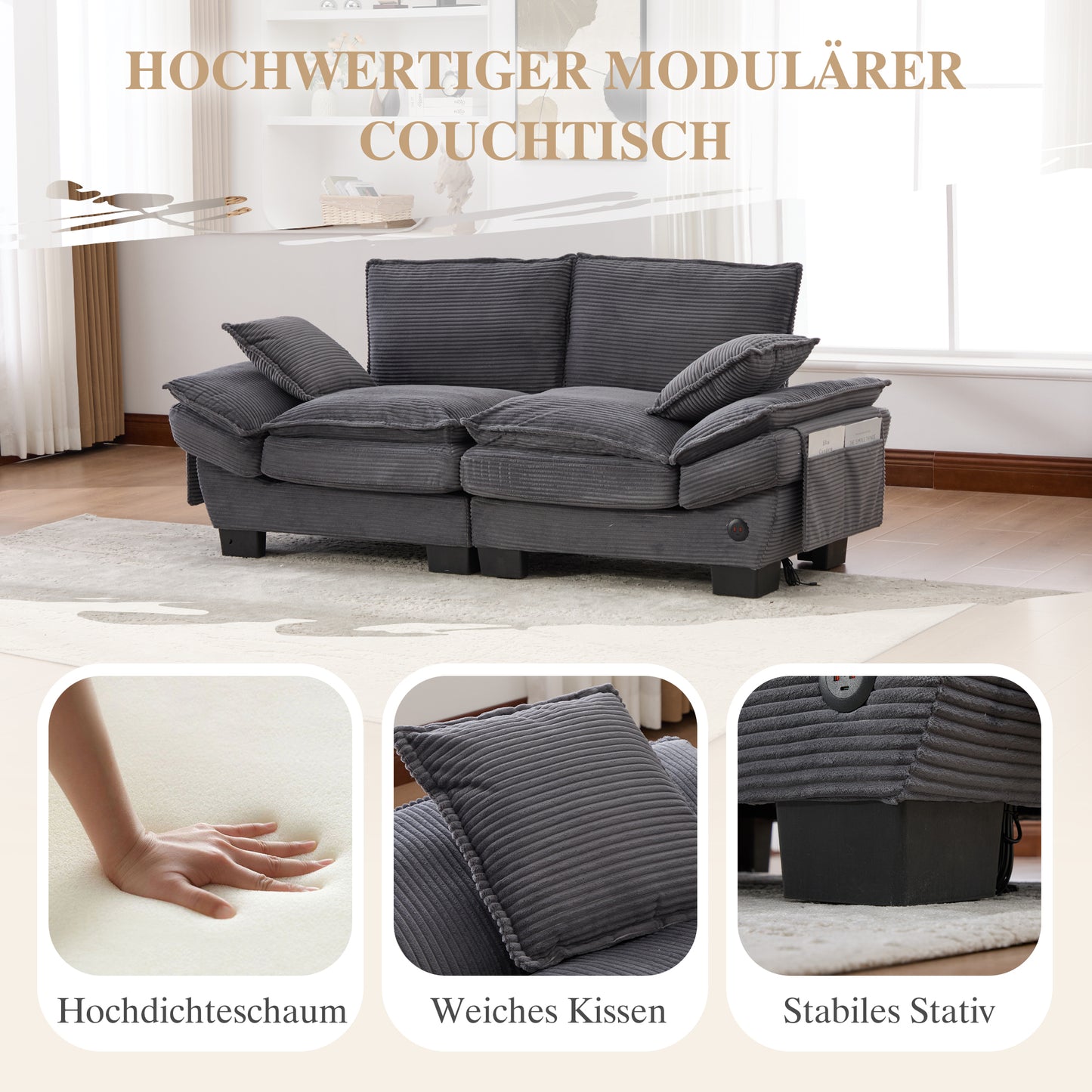 Modular Sofa With Wide Seat Surface For 2 People, Ergonomic Design, High-density Foam Cushioning, USB-C Port And Side Pockets. Ideal For Living Room, Office Or Lounge. Dark Gray