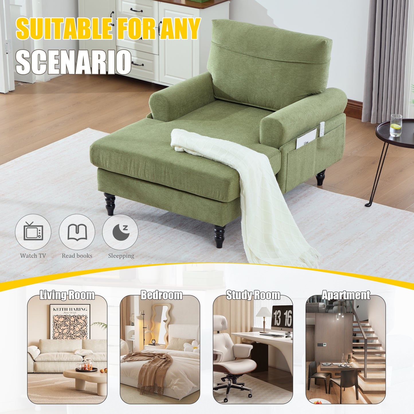 Modern Minimalist Chenille Fabric Chaise Lounge Recliner Single Sofa Living Room Bedroom Rest Chair Wooden Sofa Legs With Comfortable Backrest And Armrests Side Pockets For Storage Suitable For Office