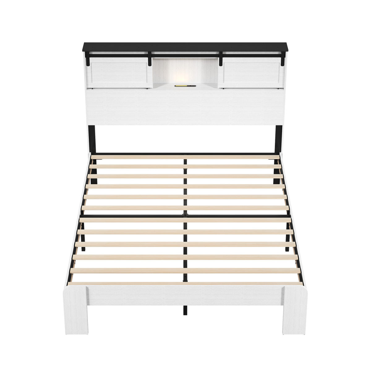Farmhouse Queen Size Bed Frame With Storage Headboard Barn Door Charging Station Wood Slats No Box Spring Needed White