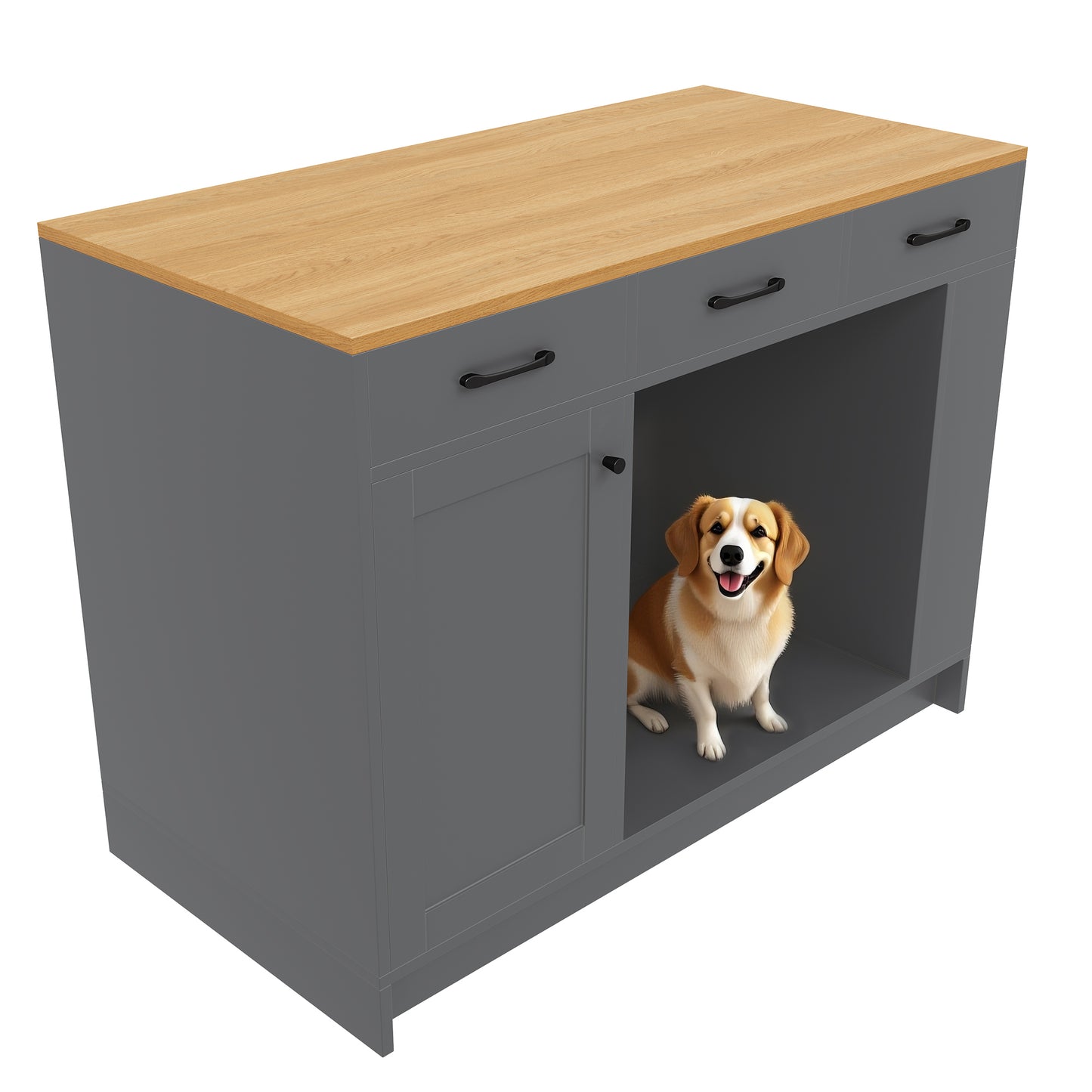 Kitchen Island, Cabinet With 3 Drawers, 1 Spice Shelf, Adjustable Shelf Top, Double Shelf  Without Dog Food Plate , Spacious Pet Storage Area  Without Dog Cushion , 120x60x90 Cm, Grey