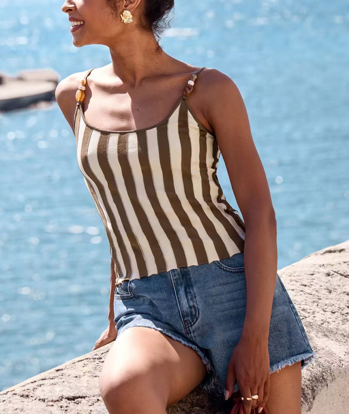 New Striped Knitted Camisole With Wooden-bead Straps For Women