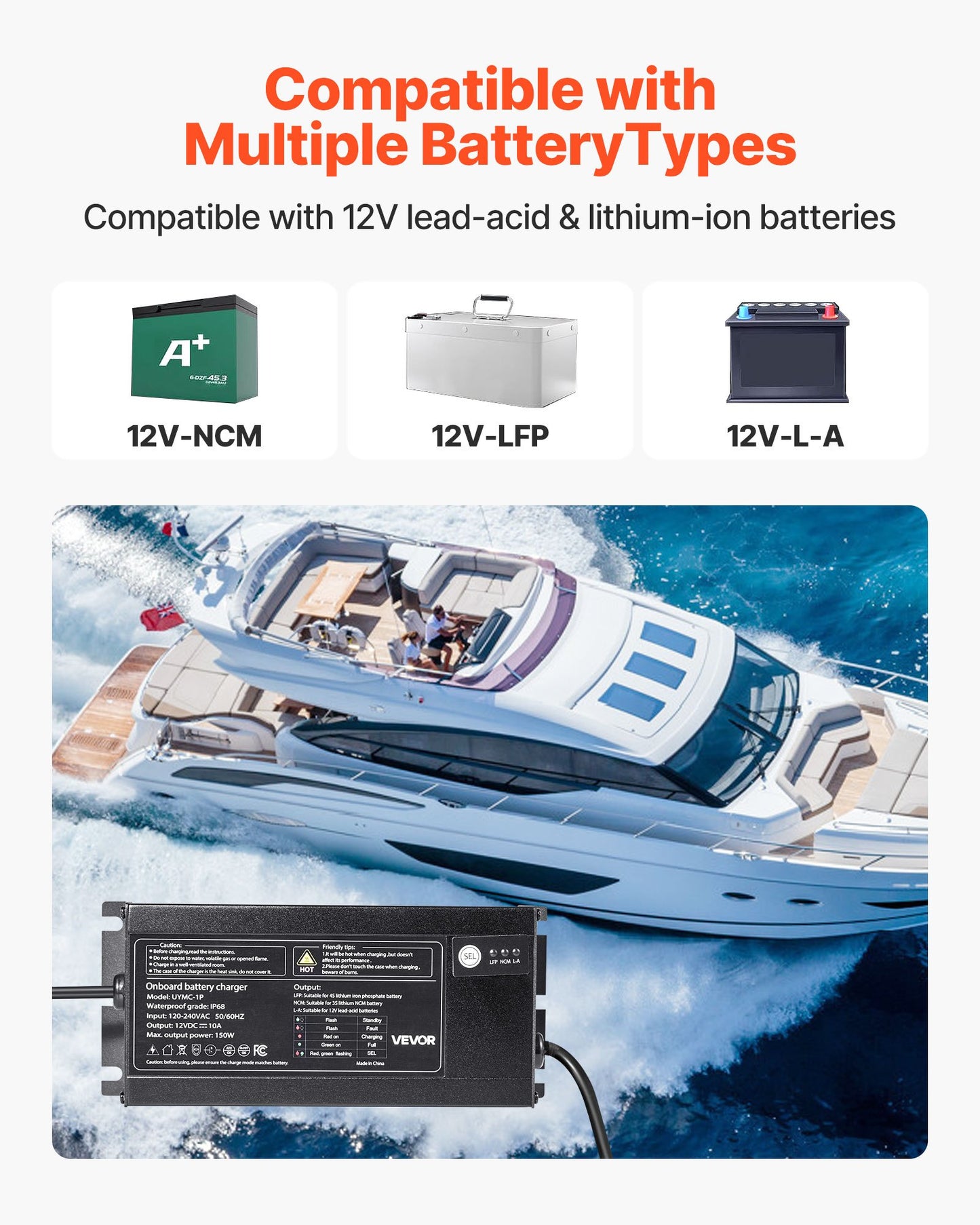 1-Bank 10A 12V Smart Marine Battery Charger Onboard IP68 Waterproof Boat RV
