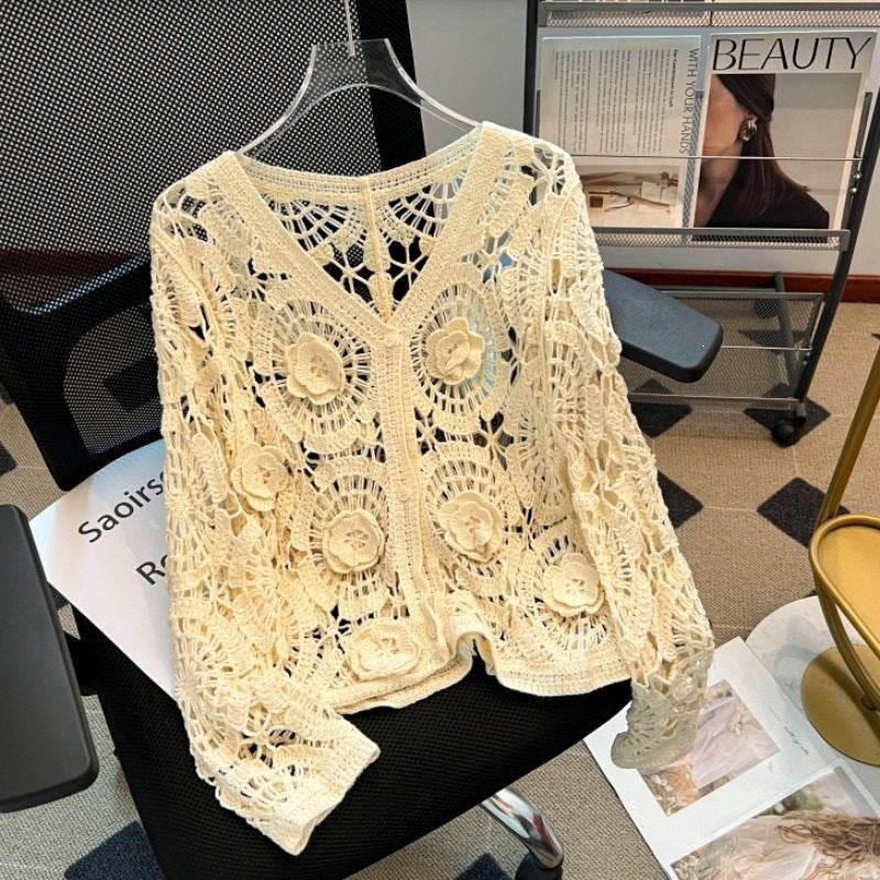 Crochet Hollow-Out Neck Knitted Cardigan Coat Womens New Arrival Top