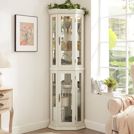 Lighted Corner Curio Cabinet - Glass Display Shelf With Tempered Glass Doors, Adjustable Shelving, And Included Bead Bulb - Ideal Bar Cabinet For Home Decor- WHITE