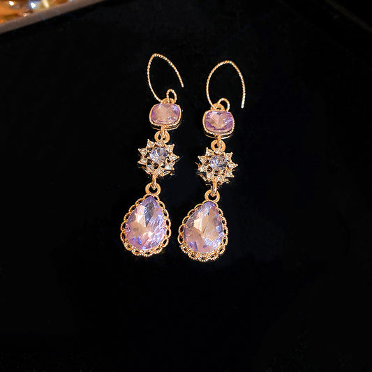 Korean Luxury Purple Earrings For Women Crystal Flower Rhinestone Studs Versatile