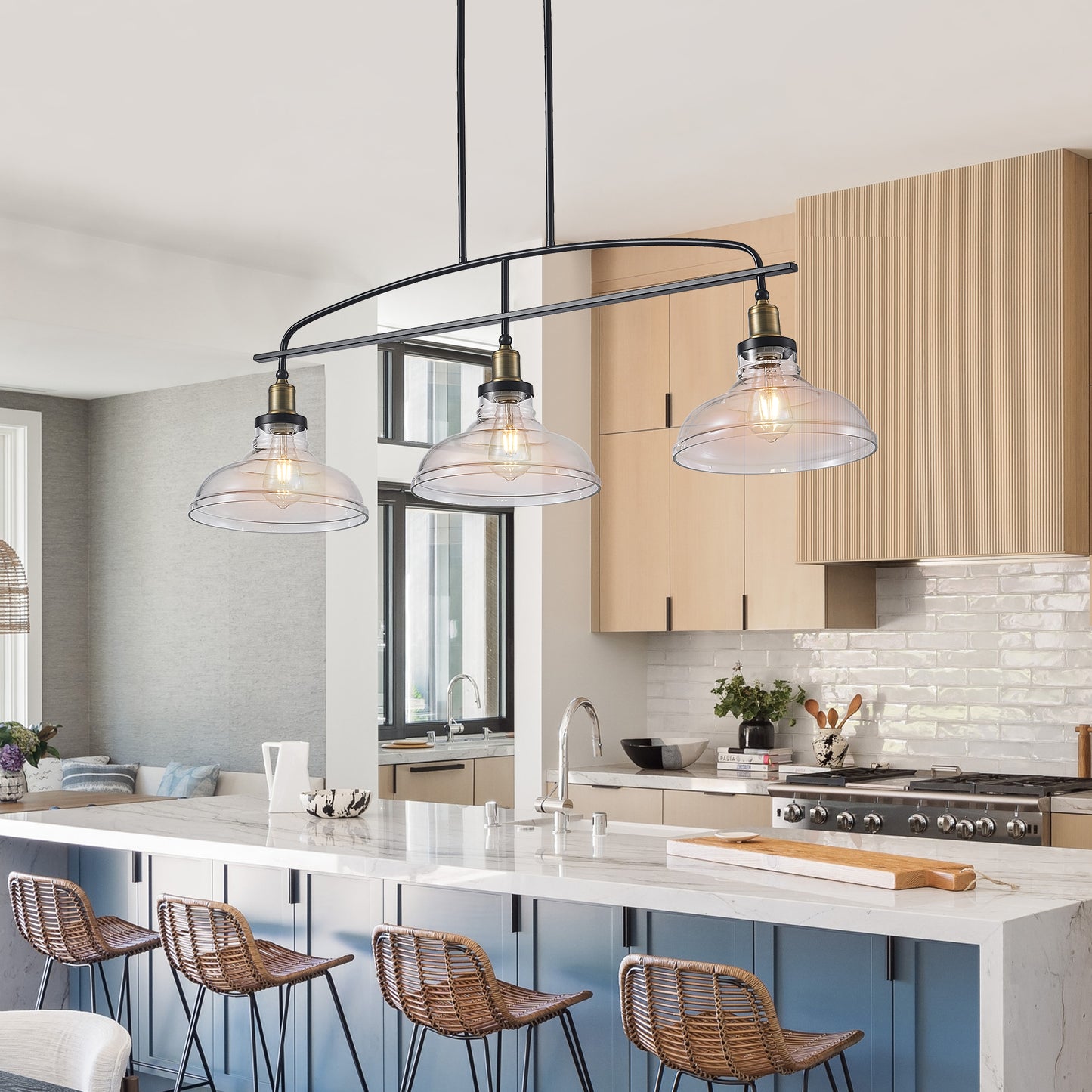 45  Industrial 3-Light Pendant Chandelier With Clear Glass Shades, Black Metal Frame, Adjustable Height, Modern Farmhouse Lighting For Kitchen Island, Dining Room, Or Living Room Bulb Not Included