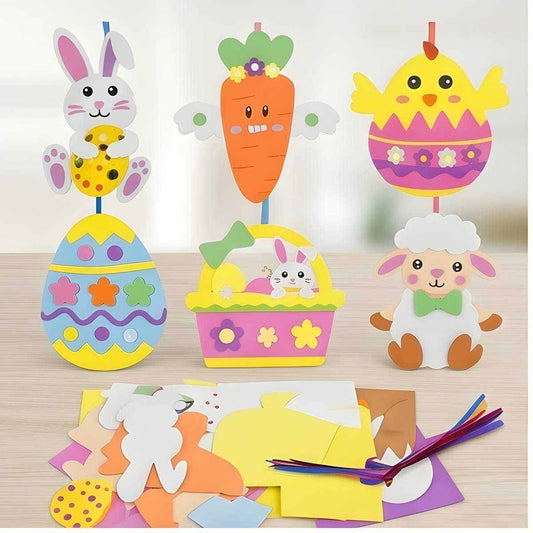 Easter Craft Kit With 12 Colored Yarns & 12 Decorative Eggs (6 Designs) - DIY Easter Decorations - Party Supplies Set