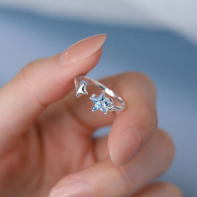 1pc 999 Sterling Silver Blue Zircon Star Open Ring, Fresh & Elegant Style, Perfect For Daily Wear & Valentine's Day Gift