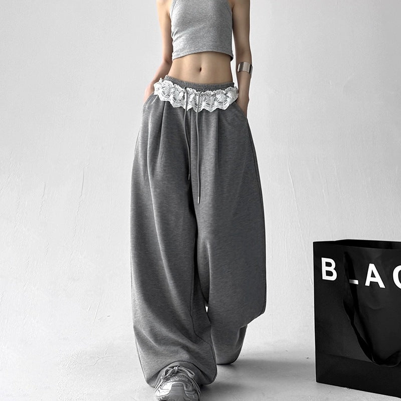 Solid-color Loose-fit Lace Drawstring Casual Korean-style Draping Sporty Laid-back Style