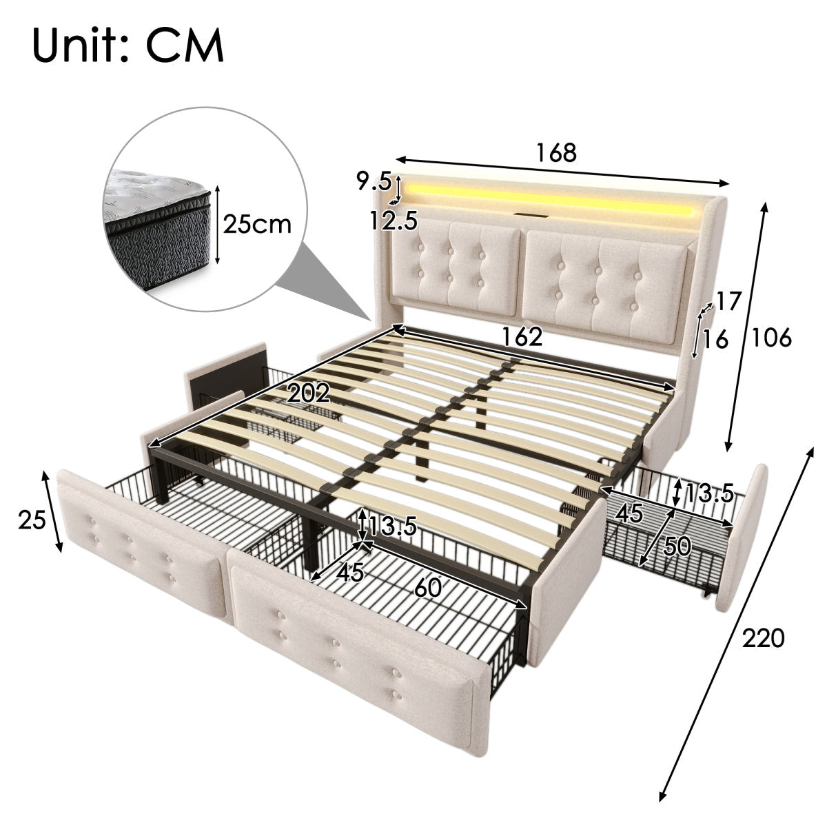 Upholstered Bed 160x200, Double Bed With LED Headboard And USB C Charging Function And 4 Drawers, Storage Beds With Wooden Slatted Base And Metal Frame, Load Capacity 300 Kg,beige,cotton Without Mattr