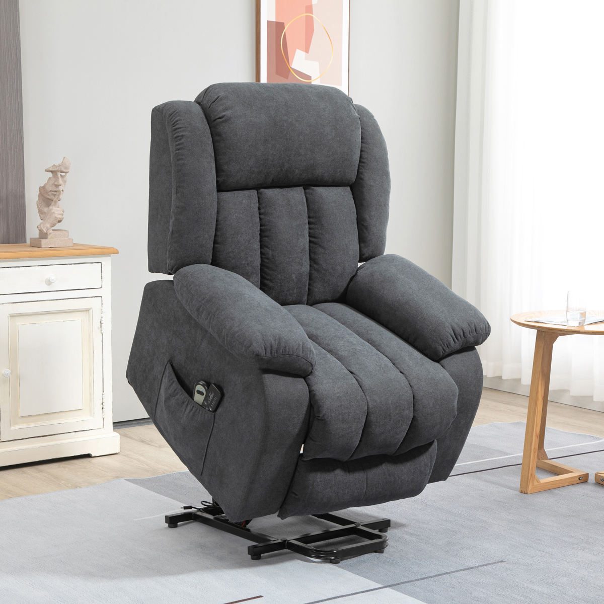 Power Lift Recliner Chair With Massage, Overstuffed Lift Chair For Elderly With Footrest, Remote, Side Pocket, Dark Grey