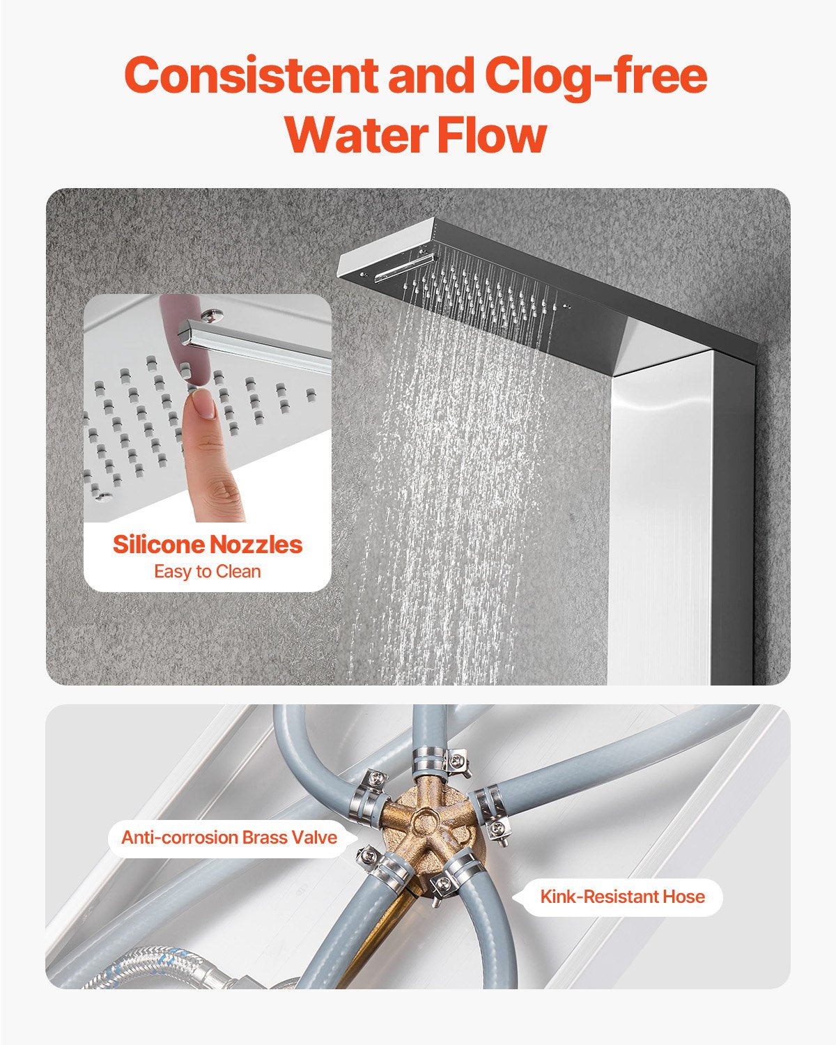 Shower Panel Tower System With Rainfall Waterfall Shower Head, 53 In Brushed Stainless Steel Shower Column, 5-Function Faucet, Wall-Mount Rain Massage System With 2 Body Jet, Handheld, Tub Spout