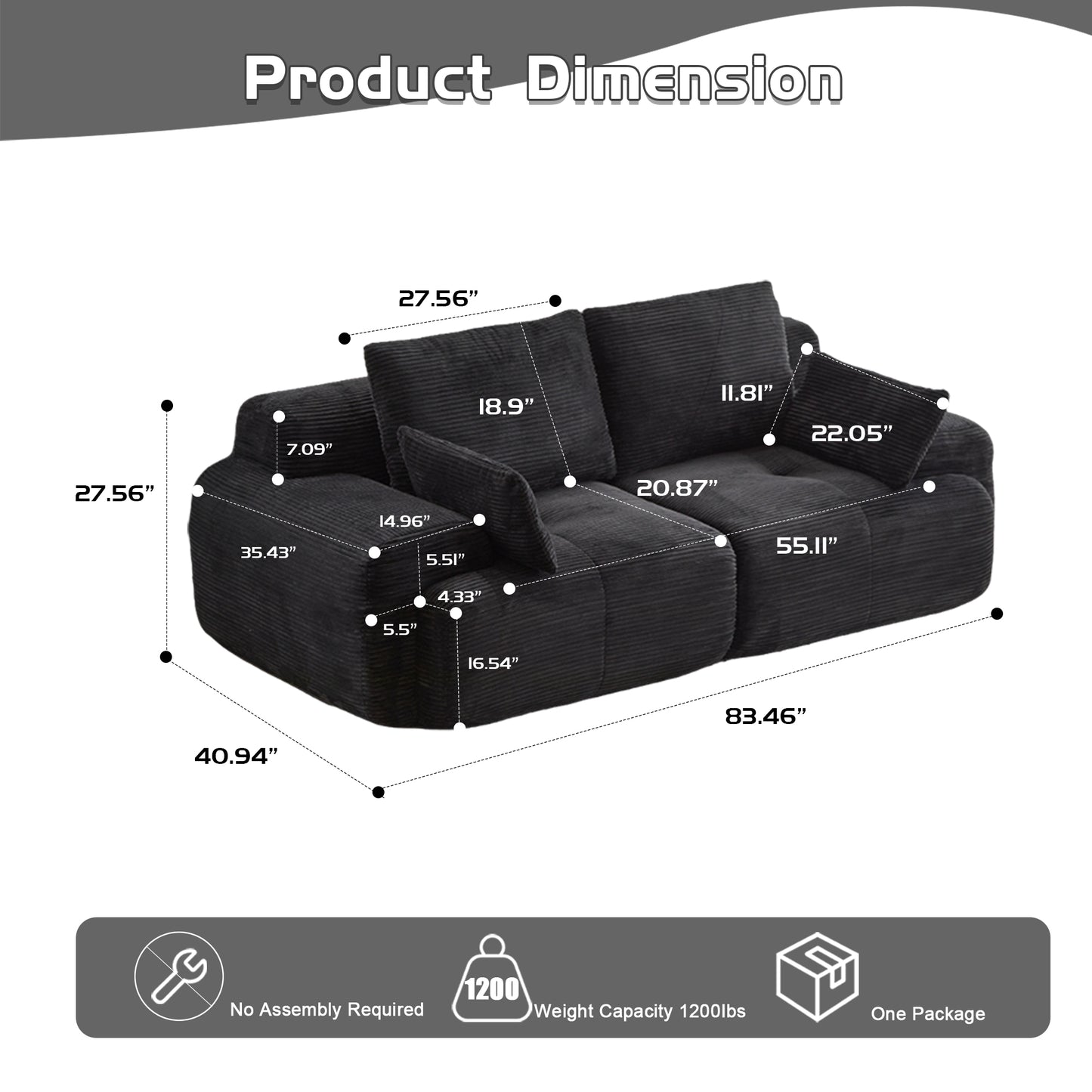 Modern Memory Foam Compressed Sofa,2 Seater Large Sectional Couches For Living Room,Pet-Friendly Cloud Modular Sectional Sofa,Corduroy Fabric,Extra Deep Loveseat,No Assembly Required, Black