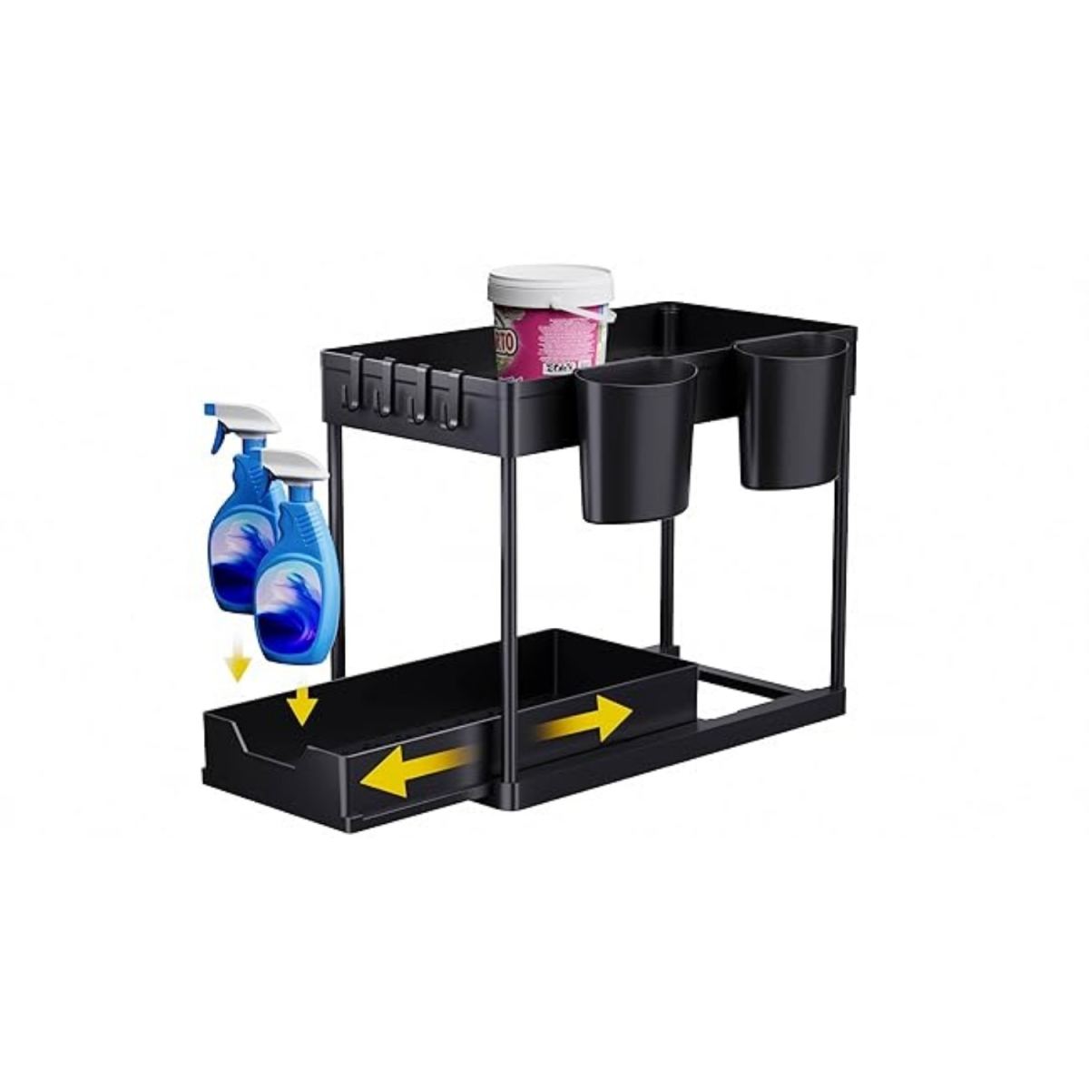 Kitchen Organizer: 2-Tier Under-Sink Shelf With Hooks And Cups, Spice Rack, Sink Cabinet Organizer, Kitchen Shelf, Cabinet Organizer For Bathroom And Kitchen, Black