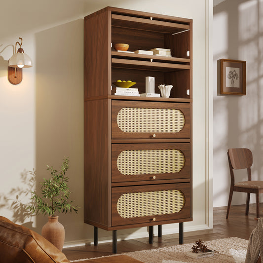Sideboard Walnut With Rattan 80x40x163 Cm, Tall Cabinet 5 Flaps, Chest Of Drawers Wood Metal Legs, Large Storage Space, Living Room Hallway Kitchen Cabinet