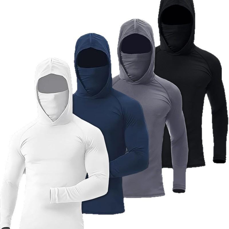 Mens Summer Fitness Apparel Tight-Fitting Quick-Drying Outdoor Hooded Sun-Protective Top
