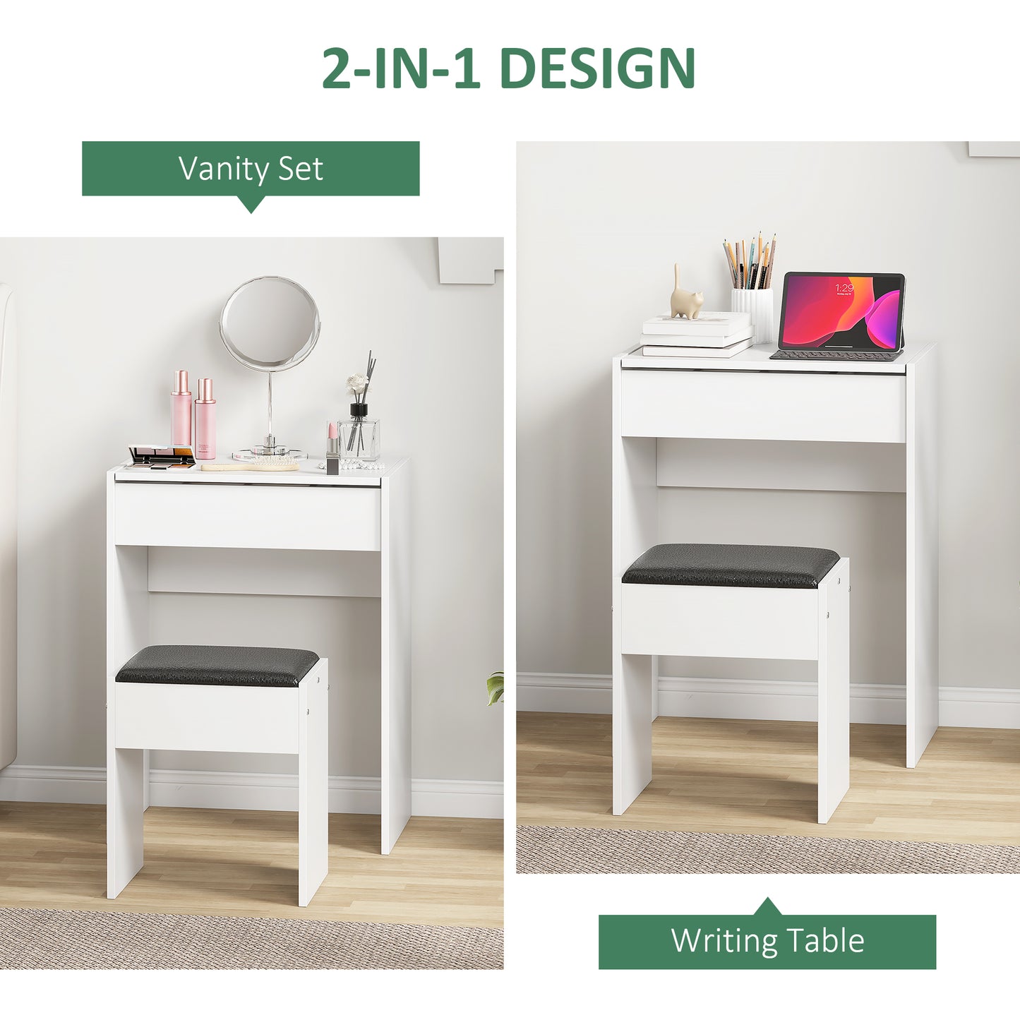 Dressing Table With Mirror And Stool, Vanity Makeup Table With Flip Up Mirror, Vanity Desk With Storage Unit And Padded Seat, White