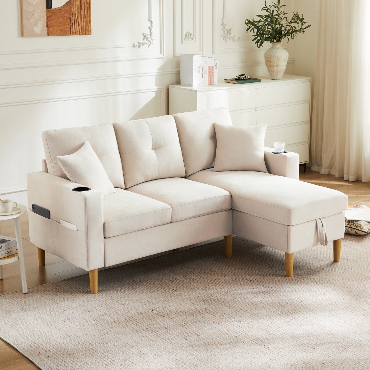 L-shaped Modern Sofa, 3 Seater Sofa With Chaise Longue, Storage Space, Integrated Cup Holder, Comes With 2 Cushions, Suitable For Living Room, Office, Apartment, Etc., Video Available