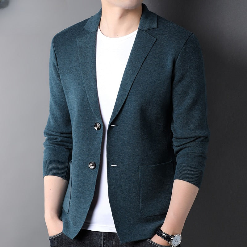 Mens Wool Knit Suit Jacket Korean-Style Trendy Sweater