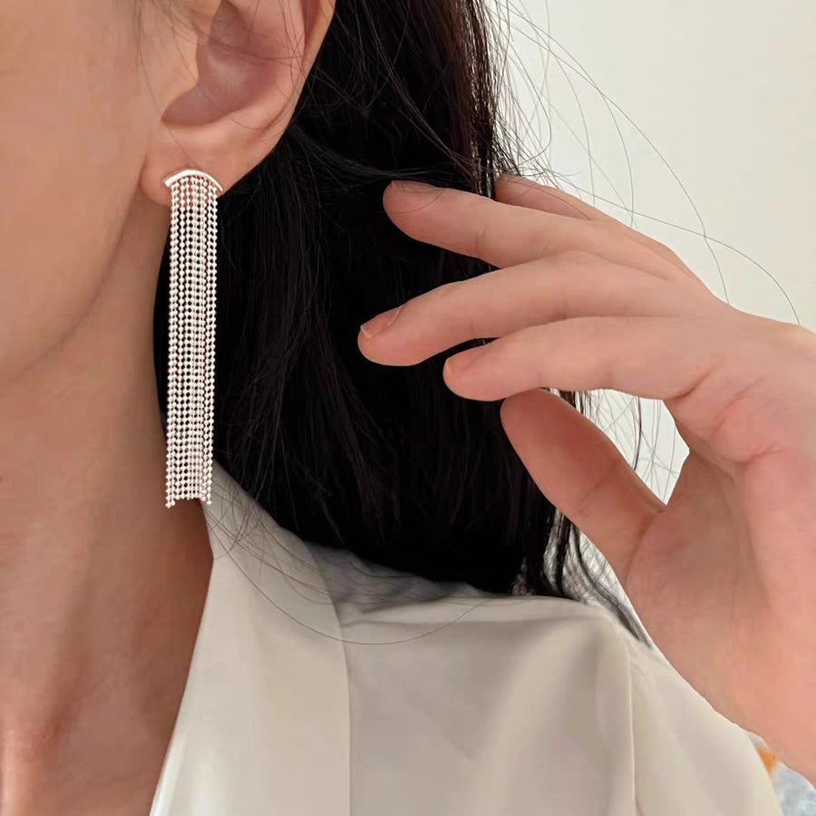 1 Pair 999 Sterling Silver Curved Beaded Long Tassel Earrings, Minimalist & Elegant, Perfect For Daily, Party & Dating, Ideal Valentine's Gift