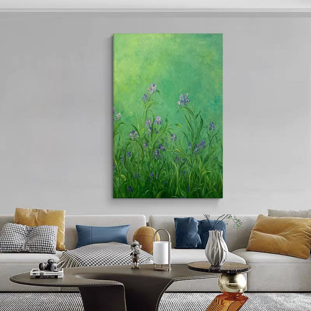 Handmade Abstract Frameless Artwork Canvas Oil Paintings Modern Fresh And Light Green Iris Flower Decorative Dining Room Decor Rolled Frameless Unstretched Painting