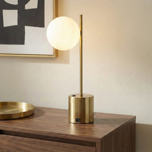Ethereal Modern Small Brass Metal Table Lamp With White Glass Globe Shade, Elegant Desk Lamp Fixture 22  H X 9.3  W X 5.8  D For Living Room, Desk Lamps For Office Reading