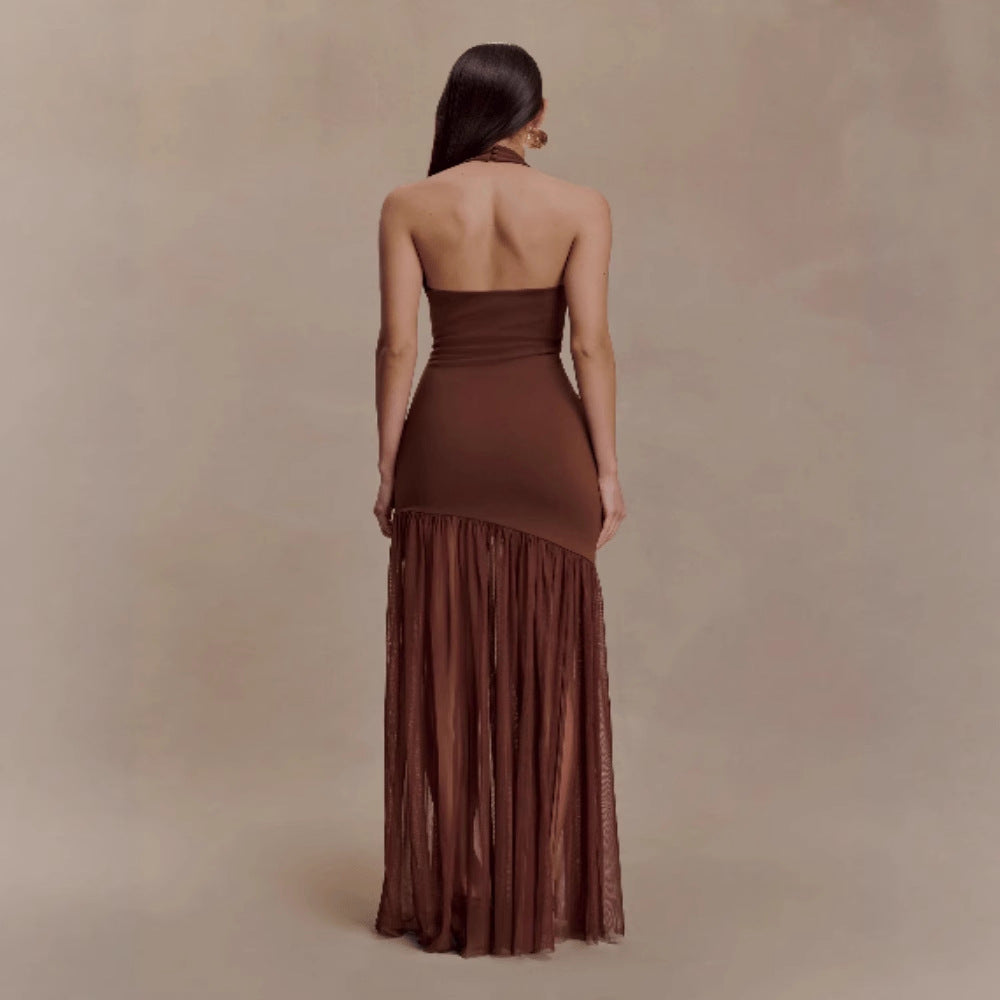 Body-hugging Backless Mesh-embellished Pleated Sexy Dress