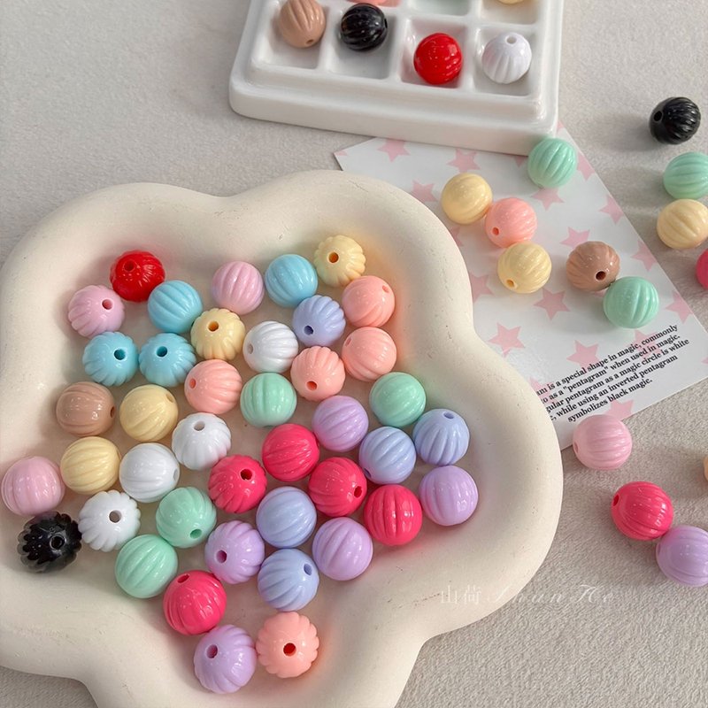14mm Acrylic Pumpkin Beads, Ribbed Round Charms With Vertical Hole For DIY Jewelry Making, Bracelets, Necklaces & Kids Crafts, Mixed Pastel & Solid Colors