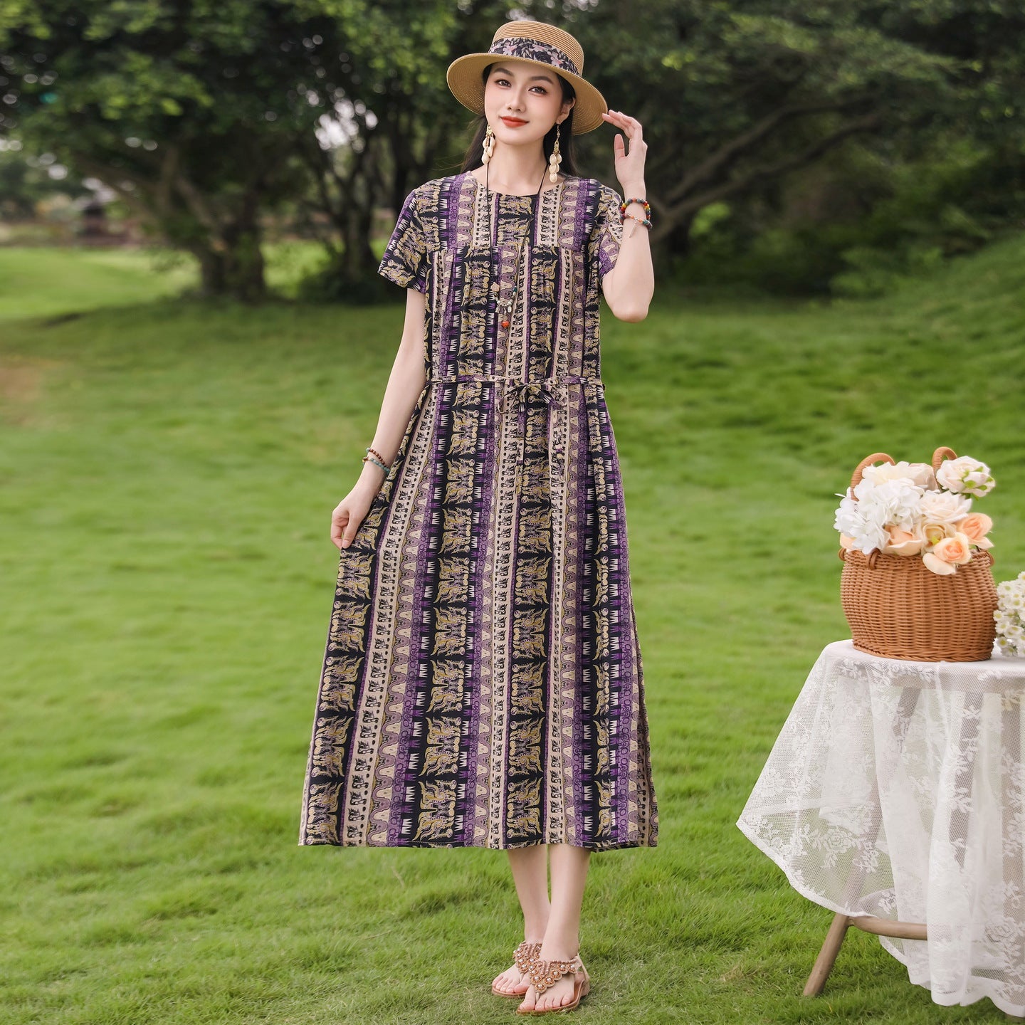 New Elegant Cotton Silk Dress For Middle Aged And Senior Women