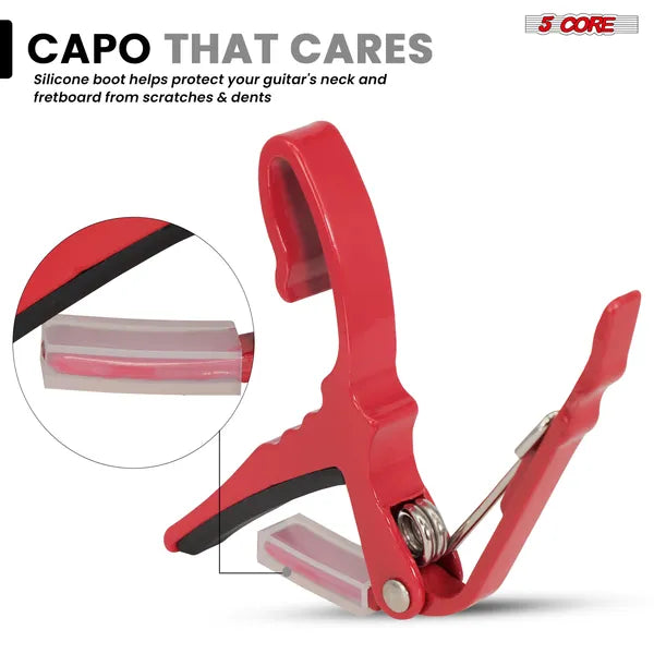 5Core Capo Acoustic Electric Guitar String Clip Banjo Mandolin Or Ukulele + 6Pcs Guitar Picks Celluloid Puas Para Guitarra + Carry Bag - CAPO AL RED