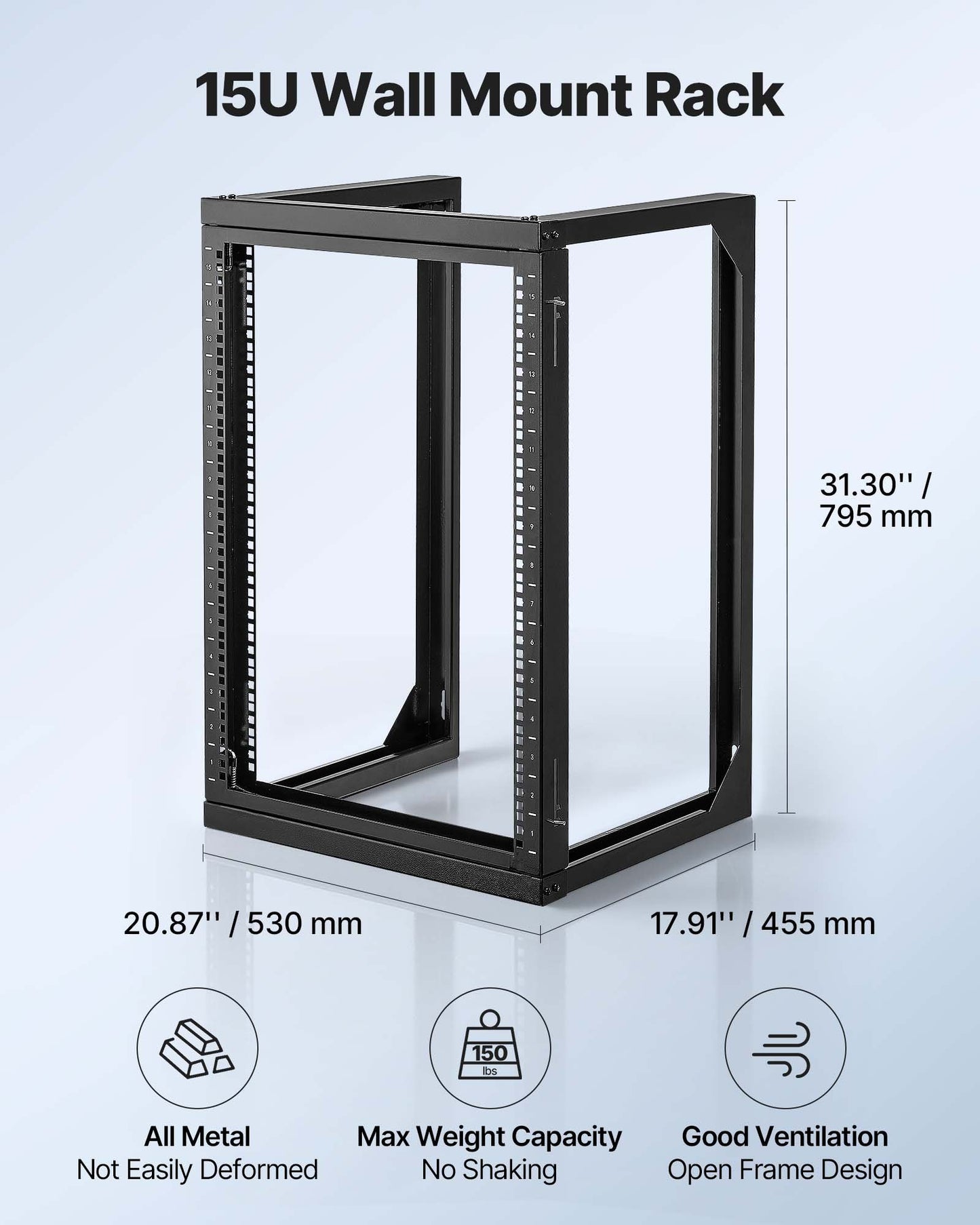 15U Wall Mount Server Rack, 150 Lbs Max Load Capacity, Open Frame Network Rack With 180 Degrees Gate Swing, Carbon Steel, For 19-Inch IT Network Equipment & AV Devices Computer Server, Black
