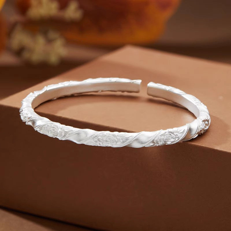1pcs 925 Sterling Silver Twisted Embossed Rose Open Cuff Bangle, Vintage Elegant Style, For Daily Wear & Women Holiday Gifts