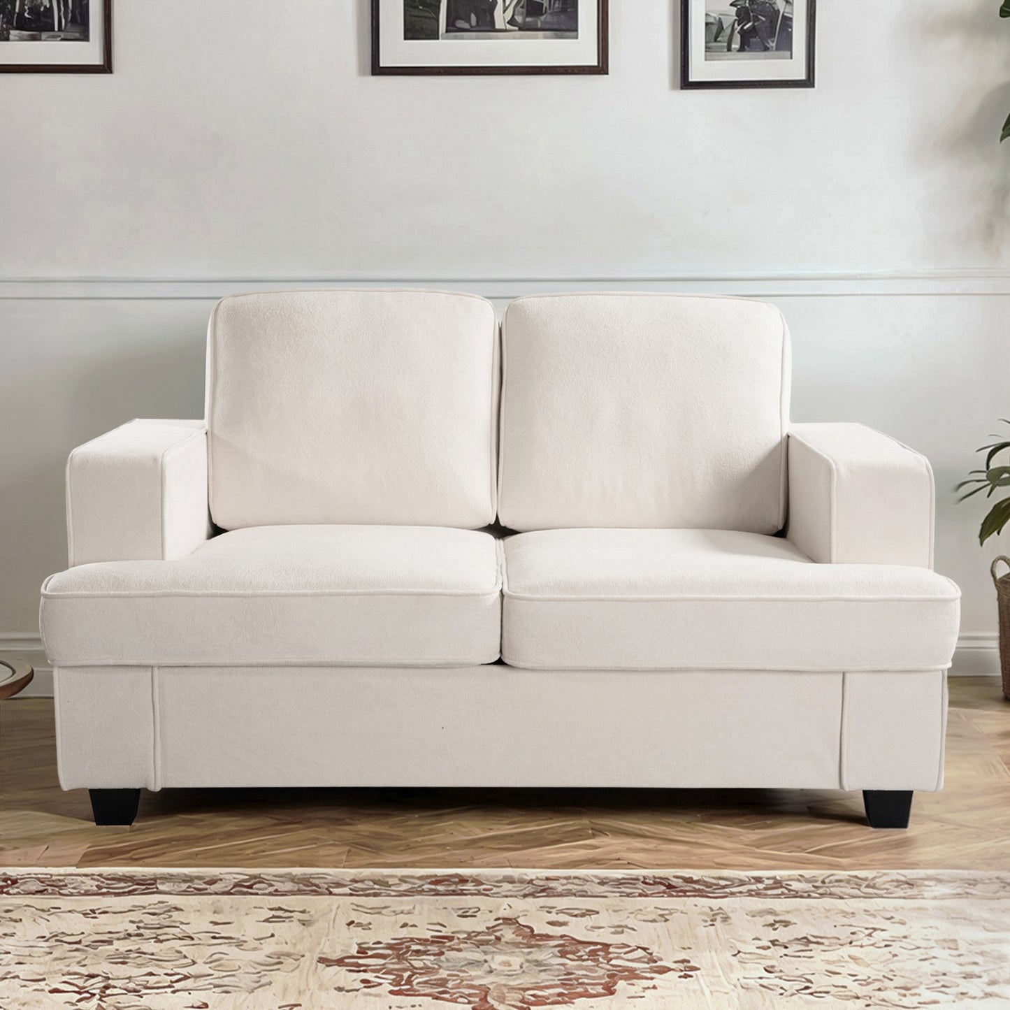 Modern Velvet Loveseat, Comfortable 2 Seater Couch With Deep Seating And High-Density Foam, Loose Back Cushions, Wide Arms, Living Room Furniture For Home, Apartment, Office, Ivory