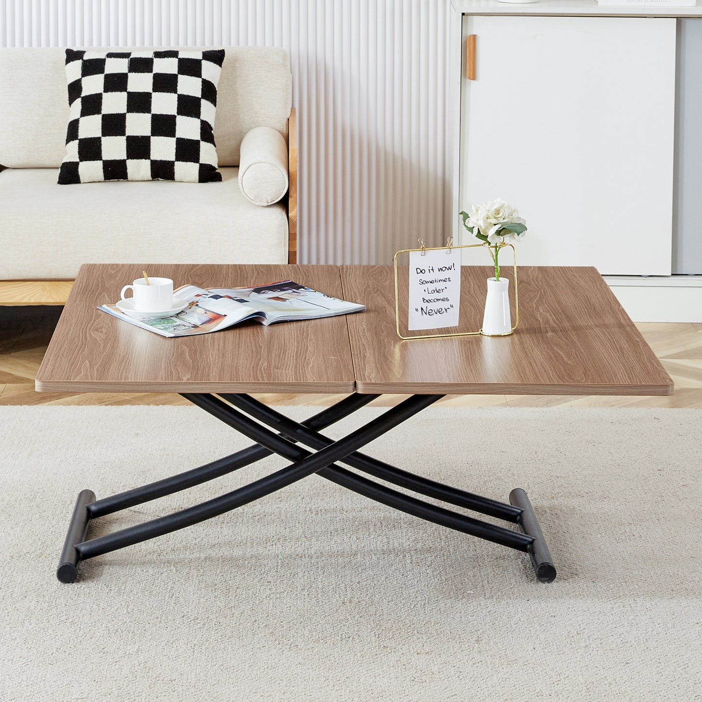 Modern Minimalist Multifunctional Lifting Table, With A 0.8-inch Wood Grain Process Sticker Desktop And Black Metal Legs, Can Be Used As A Dressing Table, Coffee Table, Dining Table, And Office Table