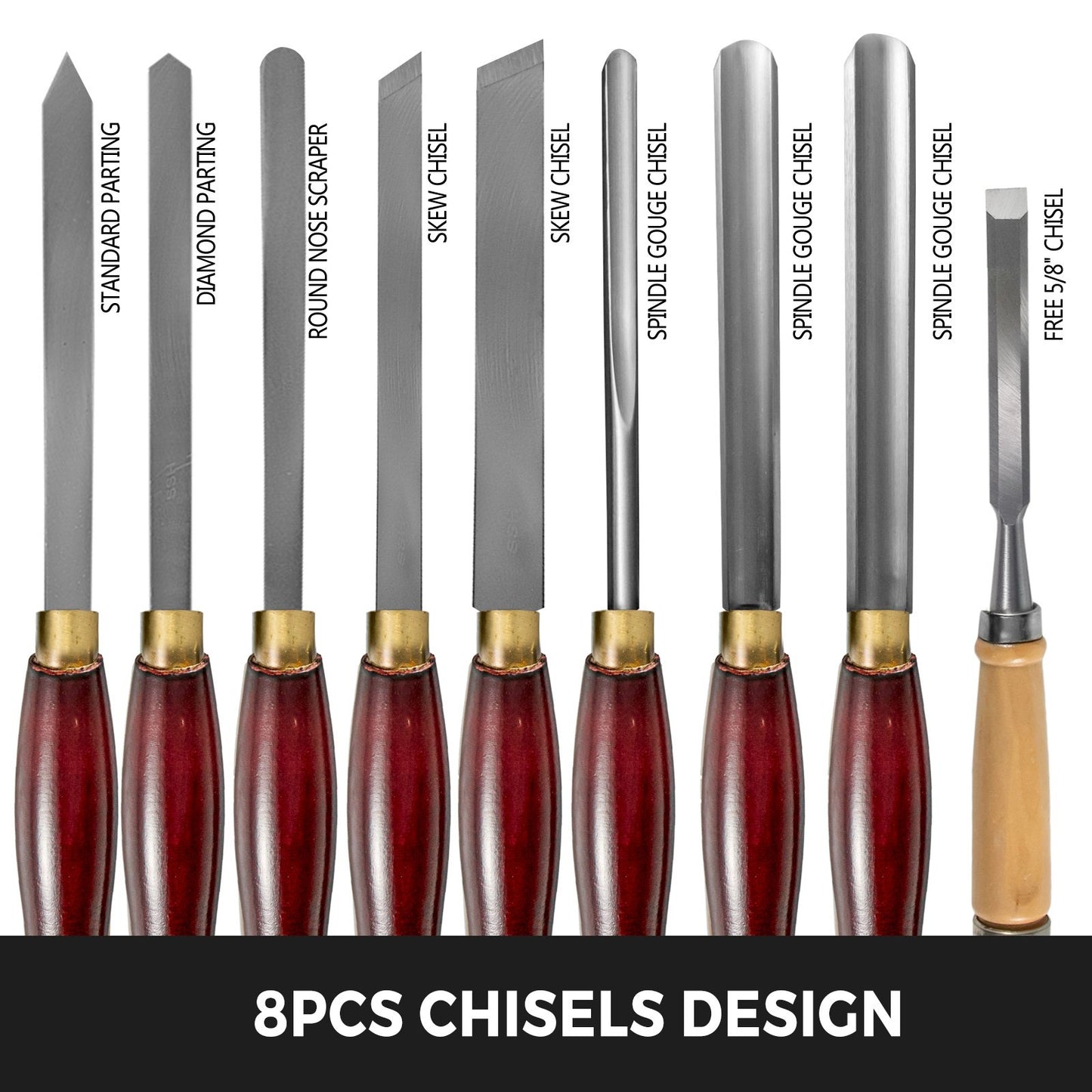 8-Piece Wood Lathe Chisel Kit, HSS Steel Blades, Woodworking Turning Tools With Wooden Storage Case, Ideal For Wood, Root, And Furniture Carving - Red