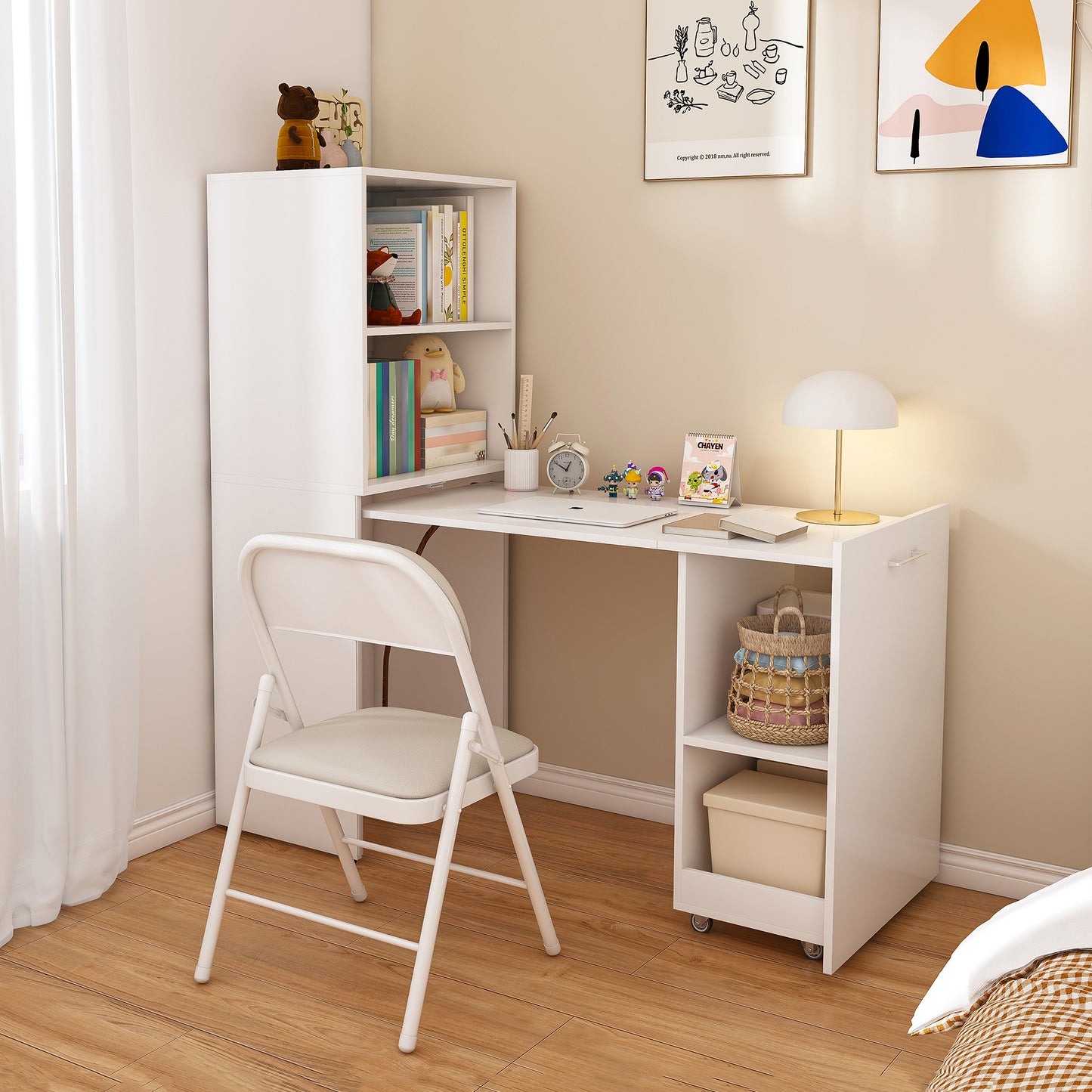 Stretchable Desk  Office Desk With Storage Shelves And Mobile Wheels  Foldable Desk Suitable For Small Apartments And Offices  White