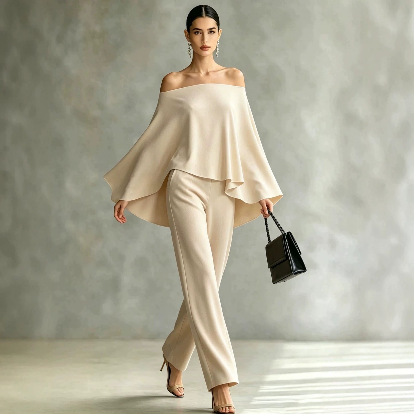 Autumn Fashion Off-Shoulder Wide-Leg Pants Set Womens Solid-Color Asymmetric Two-Piece Set
