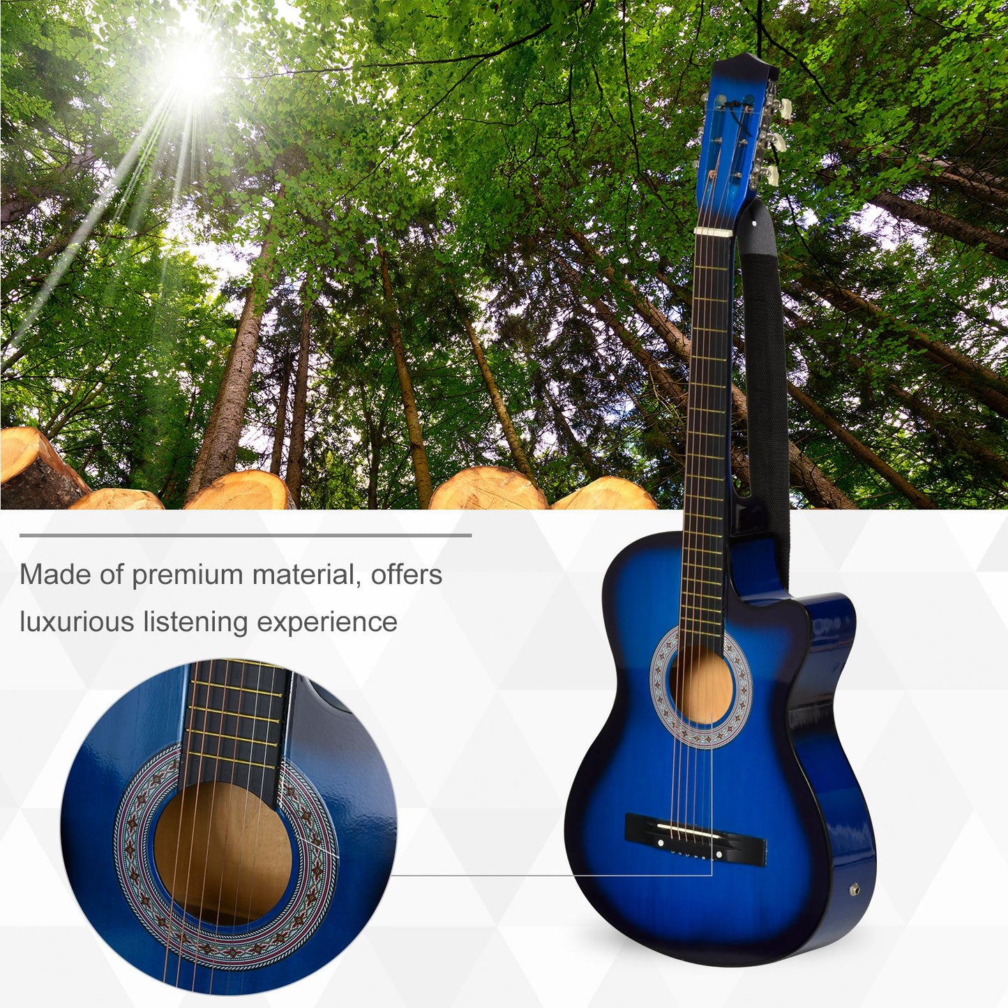 38 Inch Full Size Acoustic Electric Guitar, Classical Beginner Junior Adult Guitar Gloss Finish With Carrying Case, Strap, Picks, Spare Strings - Blue