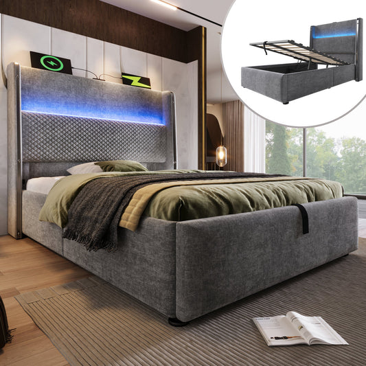 Modern Hydraulic Bed With High Headboard, 90x200cm Single Bed With LED Lighting, Storage Space & USB Type-C Ports, In Linen Look Grey  Without Mattress