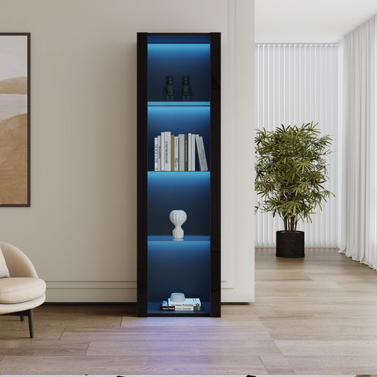 Black High Gloss Display Cabinet With LED Lighting, 3 Glass Compartments, 55x38x166cm, Display Cabinet, Standing Cabinet, Tall Cabinet, Storage Cabinet