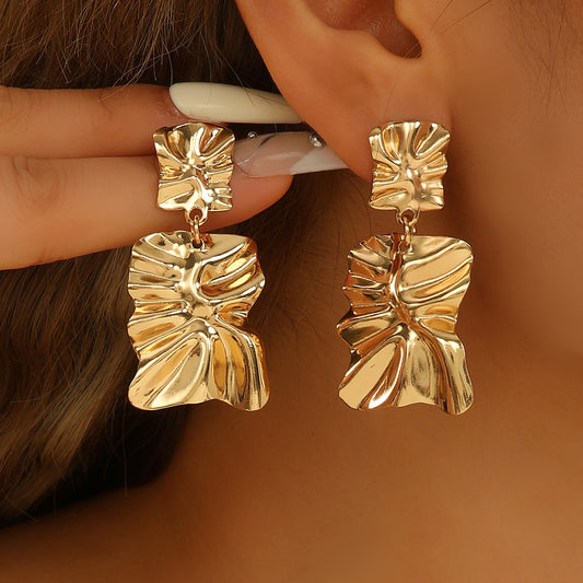 Gold Color Irregular Pleated Stud Earrings For Women Vintage Exaggerated Design High Quality Fashion Jewelry Party Gift